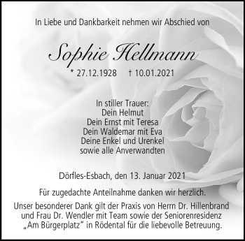 Traueranzeige von Sophie Hellmann von Neue Presse Coburg