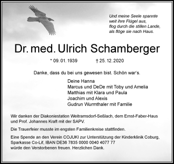 Traueranzeige von Ulrich Schamberger von Neue Presse Coburg