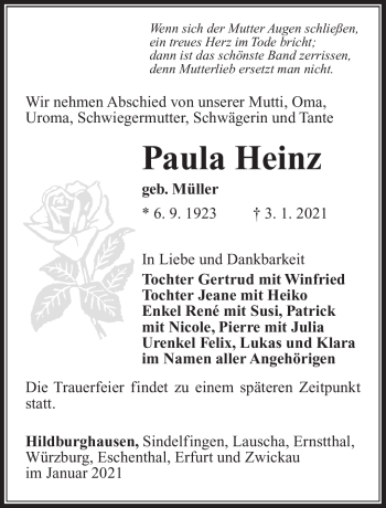 Traueranzeige von Paula Heinz von Südthüringer Presse