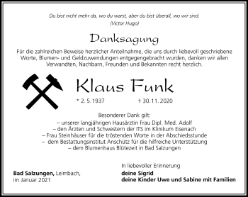 Traueranzeige von Klaus Funk von Südthüringer Presse