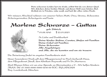 Traueranzeige von Marlene Schwarze-Guttau von Frankenpost