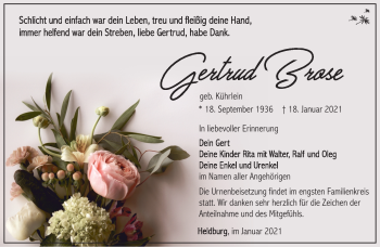 Traueranzeige von Gertrud Brose von Südthüringer Presse