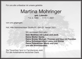 Traueranzeige von Martina Mohringer von Frankenpost