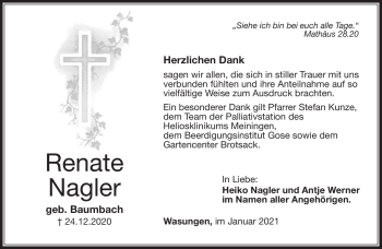 Traueranzeige von Renate Nagler von Südthüringer Presse