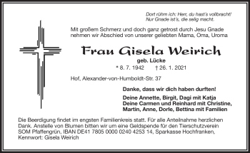 Traueranzeige von Gisela Weirich von Frankenpost