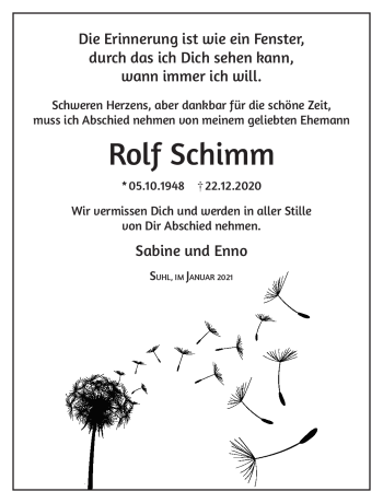 Traueranzeige von Rolf Schimme von Südthüringer Presse