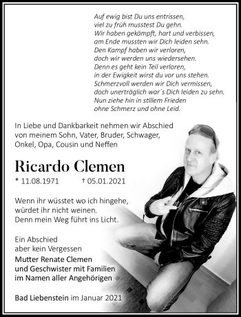 Traueranzeige von Ricardo Clemen von Südthüringer Presse