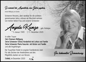 Traueranzeige von Angela Kunze von Südthüringer Presse