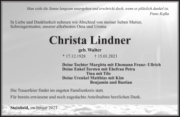 Traueranzeige von Christa Lindner von Südthüringer Presse
