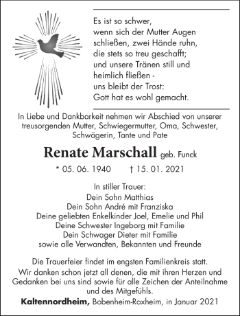 Traueranzeige von Renate Marschall von Südthüringer Presse