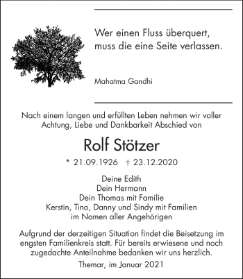 Traueranzeige von Rolf Stötzer von Südthüringer Presse