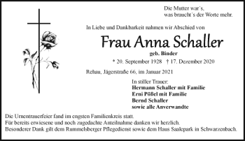 Traueranzeige von Anna Schaller von Frankenpost