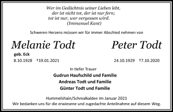 Traueranzeige von Melanie Todt von Südthüringer Presse
