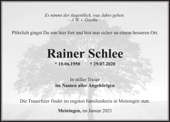 Traueranzeige von Rainer Schlee von Südthüringer Presse