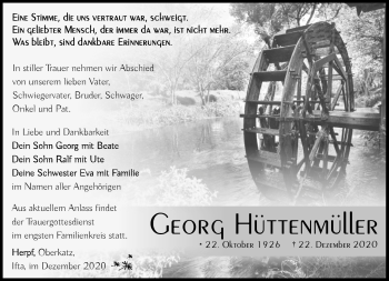 Traueranzeige von Georg Hüttenmüller von Südthüringer Presse