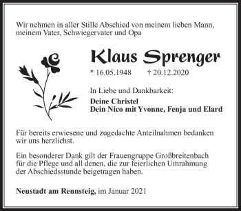 Traueranzeige von Klaus Sprenger von Südthüringer Presse