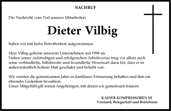 Traueranzeige von Dieter Vilbig von Neue Presse Coburg
