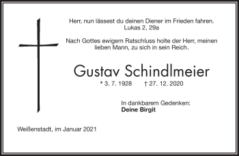Traueranzeige von Gustav Schindlmeier von Frankenpost