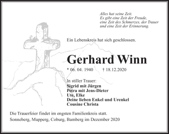 Traueranzeige von Gerhard Winn von Südthüringer Presse