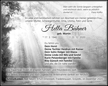 Traueranzeige von Hella Bühner von Südthüringer Presse