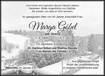 Traueranzeige von Marga Göbel von Südthüringer Presse