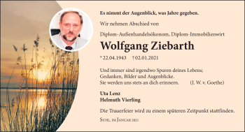 Traueranzeige von Wolfgang Ziebarth von Südthüringer Presse