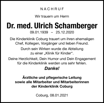 Traueranzeige von Ulrich Schamberger von Neue Presse Coburg