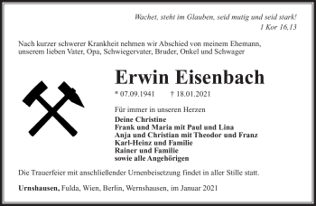 Traueranzeige von Erwin Eisenbach von Südthüringer Presse