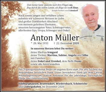Traueranzeige von Anton Müller von Südthüringer Presse