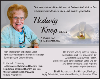 Traueranzeige von Hediwg Knopp von Südthüringer Presse