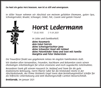 Traueranzeige von Horst Ledermann von Südthüringer Presse