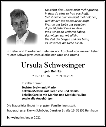 Traueranzeige von Ursula Schwesinger von Südthüringer Presse