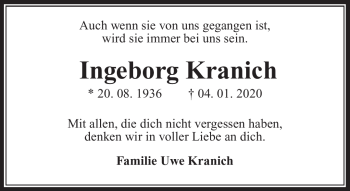 Traueranzeige von Ingeborg Kranich von Südthüringer Presse