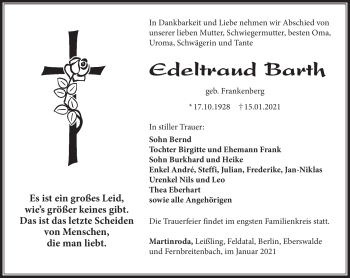 Traueranzeige von Edeltraud Barth von Südthüringer Presse