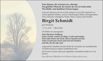 Traueranzeige von Birgit Schmidt von Südthüringer Presse