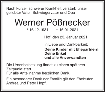 Traueranzeige von Werner Pößnecker von Frankenpost