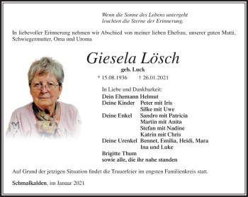 Traueranzeige von Gisela Lösch von Südthüringer Presse