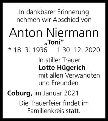 Traueranzeige von Anton Niermann von Neue Presse Coburg