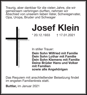 Traueranzeige von Josef Klein von Südthüringer Presse