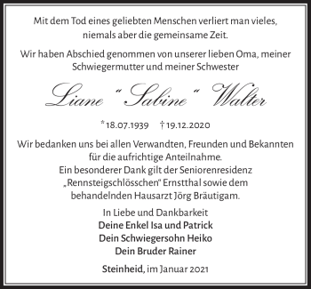 Traueranzeige von Liane Walter von Südthüringer Presse