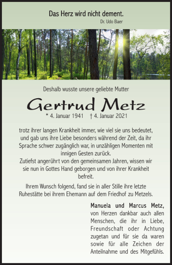 Traueranzeige von Gertrud Metz von Südthüringer Presse