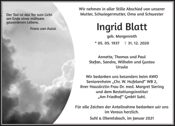 Traueranzeige von Ingrid Blatt von Südthüringer Presse