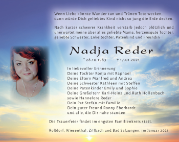 Traueranzeige von Nadja Reder von Südthüringer Presse