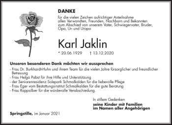 Traueranzeige von Karl Jaklin von Südthüringer Presse