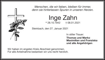 Traueranzeige von Inge Zahn von Frankenpost