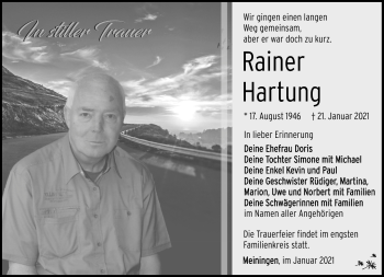 Traueranzeige von Rainer Hartung von Südthüringer Presse