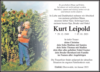 Traueranzeige von Kurt Leipold von Südthüringer Presse