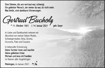 Traueranzeige von Gertrud Bucholz von Südthüringer Presse