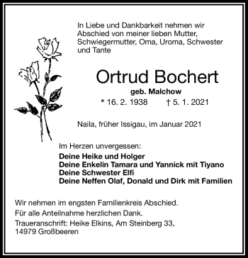 Traueranzeige von Ortrud Bochert von Frankenpost