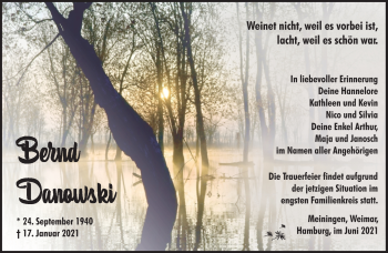 Traueranzeige von Bernd Danowski von Südthüringer Presse